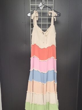 FRNCH Cream Tiered Maxi Dress with Pastel Accents, Meduim